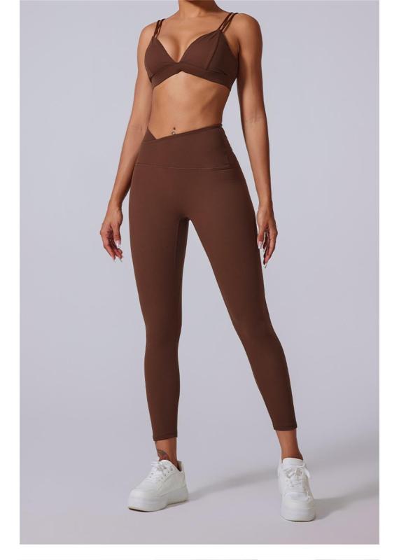 Brown Straps V Neck Crop Tops Skinny Pants Fitness Women Yoga Gym Sports Dress
