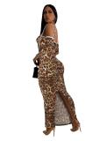 Khaki Straps Printed Leopard Two Pieces Casual Midi Dress