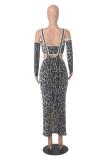 Gray Straps Printed Leopard Two Pieces Casual Midi Dress