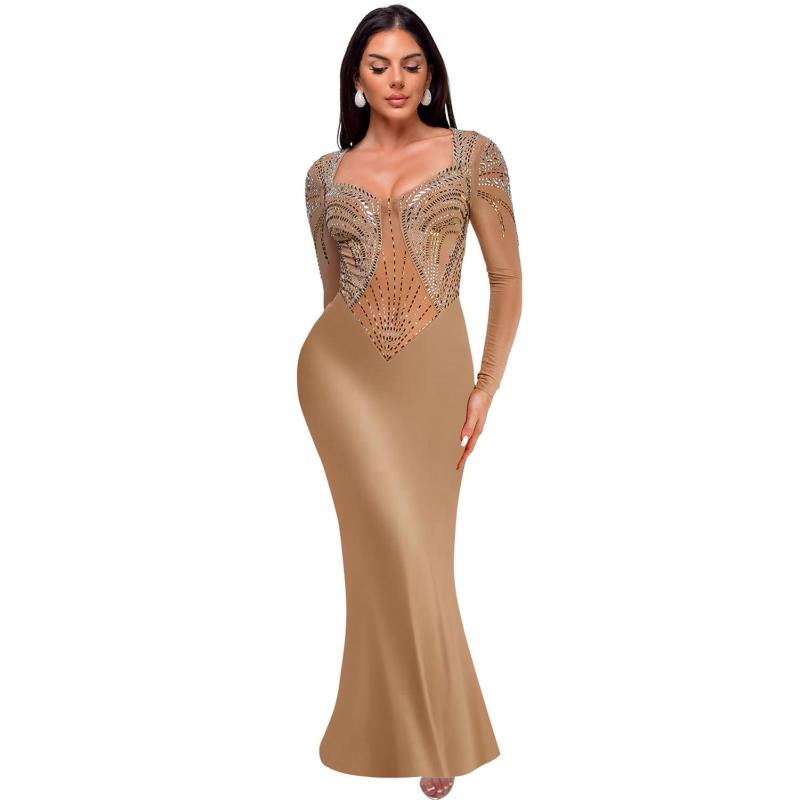Beige Luxury Women Rhinestones Mesh Long Dress Bodycon Party Evening Formal Maxi Dress