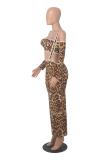 Khaki Straps Printed Leopard Two Pieces Casual Midi Dress