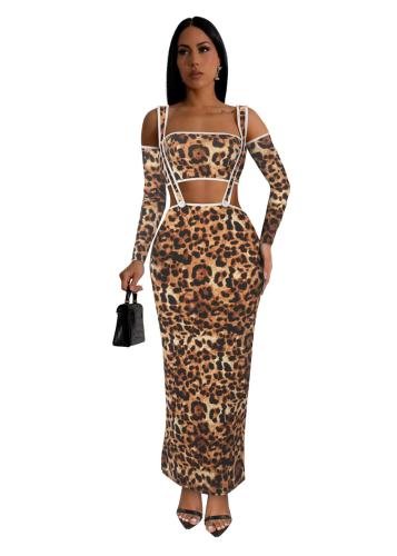 Khaki Straps Printed Leopard Two Pieces Casual Midi Dress