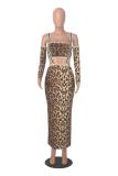 Yellow Straps Printed Leopard Two Pieces Casual Midi Dress