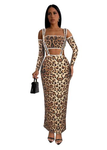 Yellow Straps Printed Leopard Two Pieces Casual Midi Dress