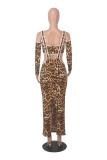 Khaki Straps Printed Leopard Two Pieces Casual Midi Dress