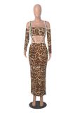 Khaki Straps Printed Leopard Two Pieces Casual Midi Dress
