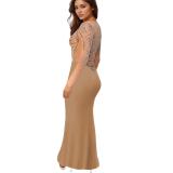 Beige Luxury Women Rhinestones Mesh Long Dress Bodycon Party Evening Formal Maxi Dress