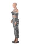 Gray Straps Printed Leopard Two Pieces Casual Midi Dress