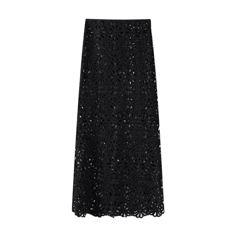 Black Knitted Long Sleeve Lace Hollow Out Skirt Casual Long Dress