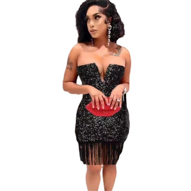 Black Off Shoulder Strapless V Neck Sequins Tassels Corsets Sexy Dress