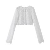 White Knitted Long Sleeve Lace Hollow Out Crop Tops + Skirt Two Pieces Casual Long Dress Sets