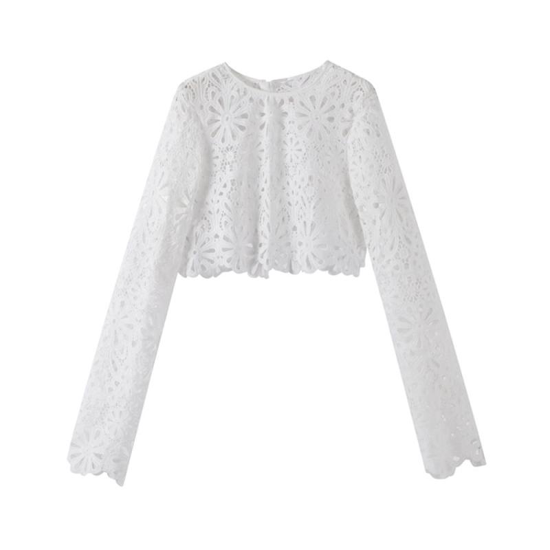 White Knitted Long Sleeve Lace Hollow Out Sexy Crop Tops