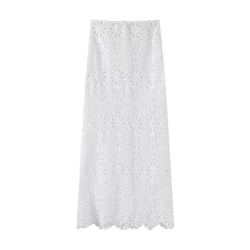 White Knitted Long Sleeve Lace Hollow Out Skirt Casual Long Dress