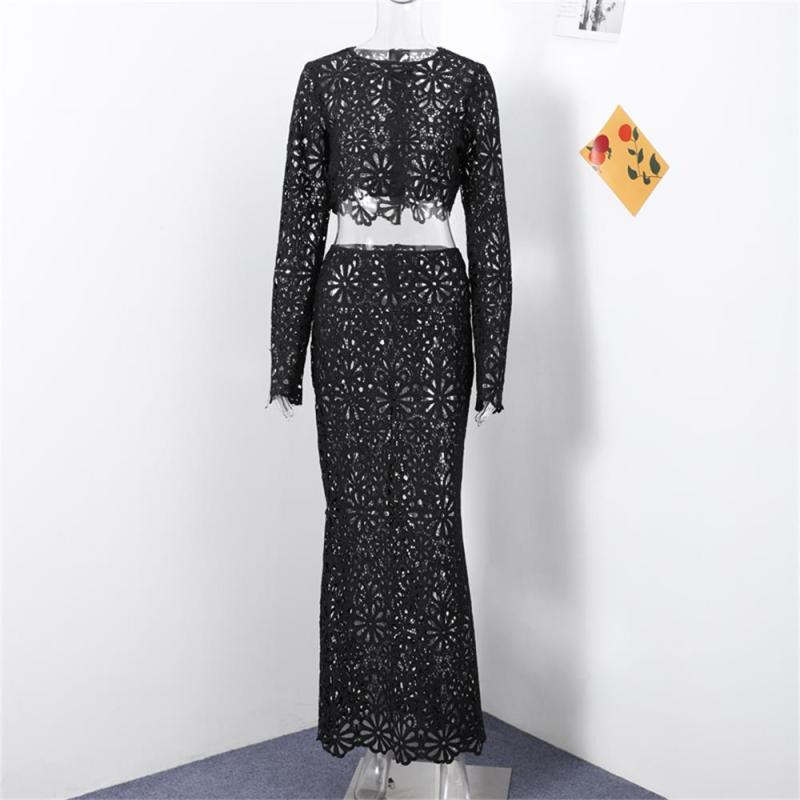 Black Knitted Long Sleeve Lace Hollow Out Skirt Casual Long Dress