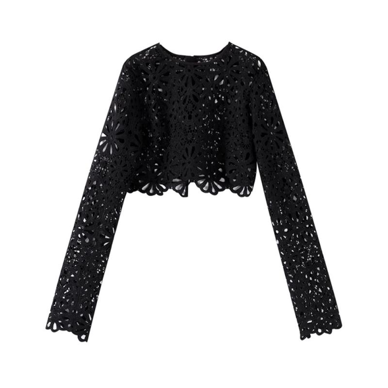 Black Knitted Long Sleeve Lace Hollow Out Sexy Crop Tops