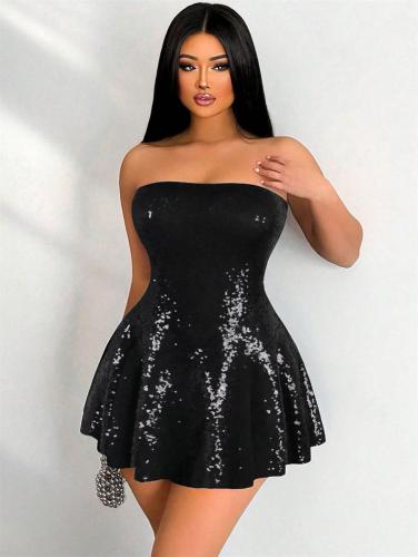Black Off Shoulder Sleeveless Sequins Pleated Women Cute Skirt