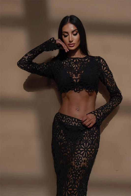 Black Knitted Long Sleeve Lace Hollow Out Crop Tops + Skirt Two Pieces Casual Long Dress Sets