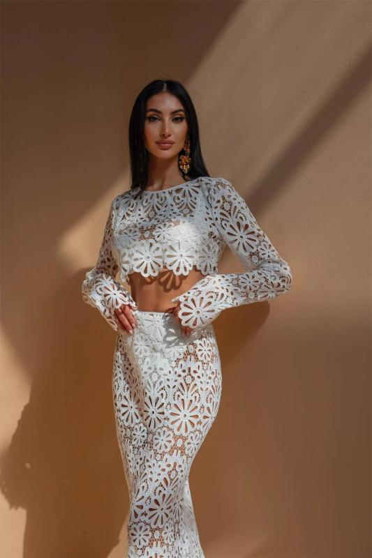 White Knitted Long Sleeve Lace Hollow Out Sexy Crop Tops
