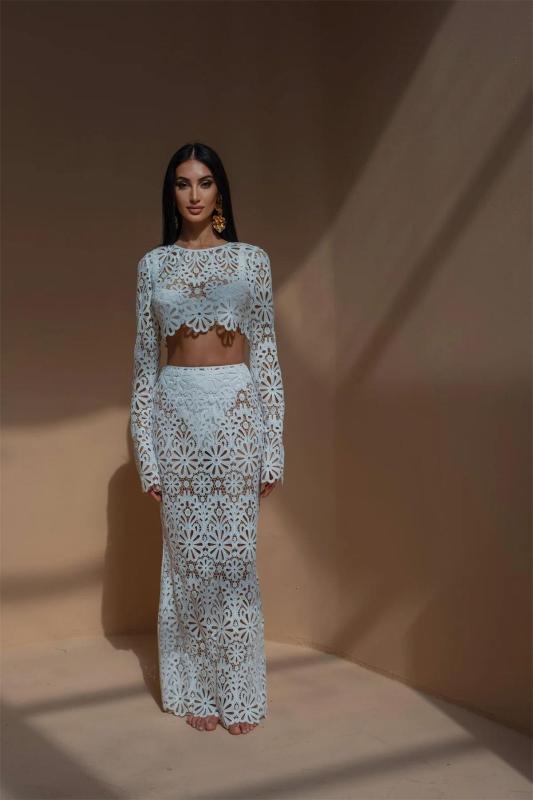 White Knitted Long Sleeve Lace Hollow Out Crop Tops + Skirt Two Pieces Casual Long Dress Sets