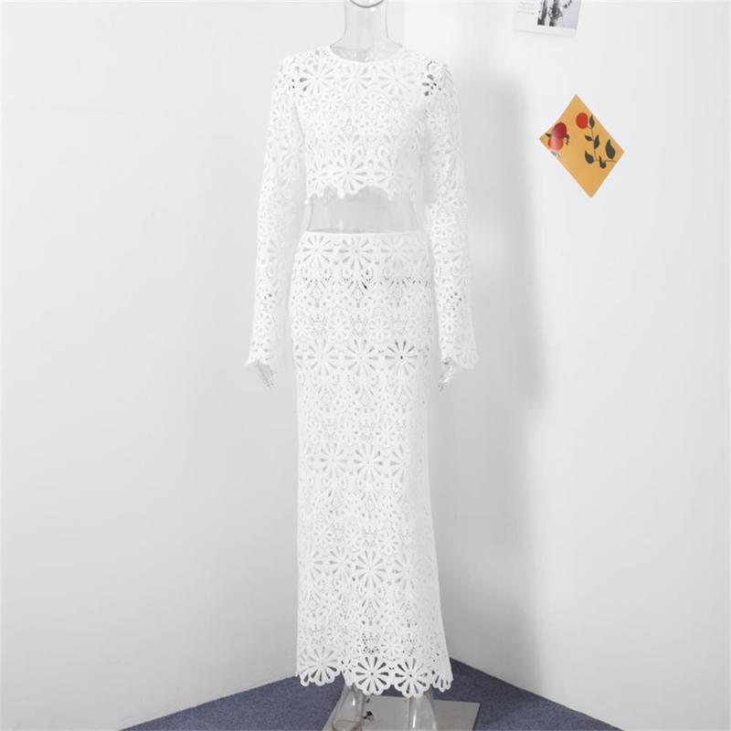 White Knitted Long Sleeve Lace Hollow Out Skirt Casual Long Dress