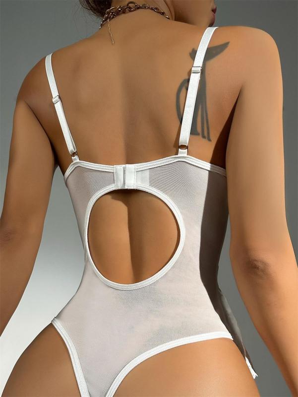 White Gathered Bra Lace See-through Sexy Lingerie Bodysuit