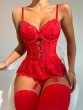 Red Gathered Bra Lace See-through Sexy Lingerie Bodysuit