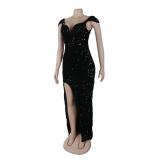 Black Straps V Neck Sequins Velvet Elegant Women Prom Fashion Maxi Dress