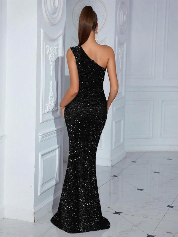 Black Sloping Shoulders Elegant Sequins Velvet Women Party Prom Maxi Dress