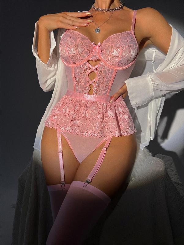 Pink Gathered Bra Lace See-through Sexy Lingerie Bodysuit