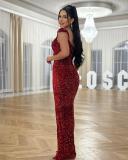 Red Straps V Neck Sequins Velvet Elegant Women Prom Fashion Maxi Dress