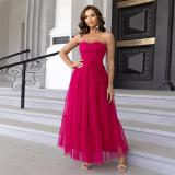 Rose Red Off Shoulder Mesh Pleated Women Evening Party Luxury Skirt Dress
