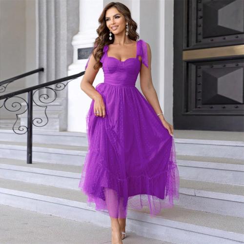 Purple Strapless Low Cut Mesh Pleated Women Evening Prom Luxury Skirt Dress