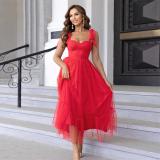 Red Strapless Low Cut Mesh Pleated Women Evening Prom Luxury Skirt Dress