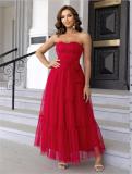 Red Off Shoulder Mesh Pleated Women Evening Party Luxury Skirt Dress