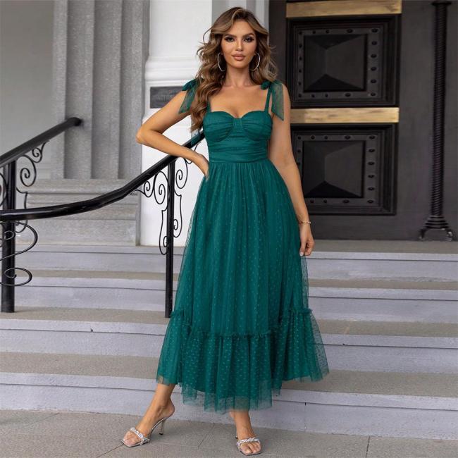 Green Strapless Low Cut Mesh Pleated Women Evening Prom Luxury Skirt Dress