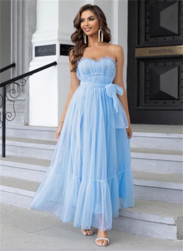 Sky Blue Off Shoulder Mesh Pleated Women Evening Party Luxury Skirt Dress