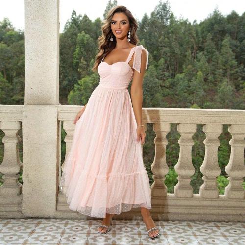 Light Pink Strapless Low Cut Mesh Pleated Women Evening Prom Luxury Skirt Dress
