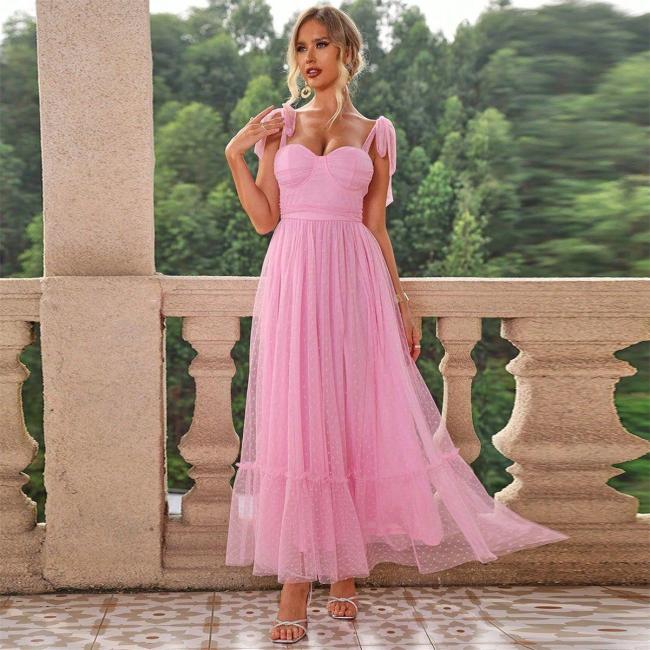 Pink Strapless Low Cut Mesh Pleated Women Evening Prom Luxury Skirt Dress
