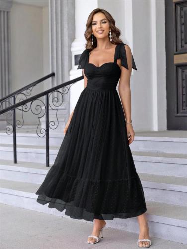 Black Strapless Low Cut Mesh Pleated Women Evening Prom Luxury Skirt Dress