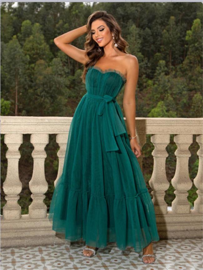 Green Off Shoulder Mesh Pleated Women Evening Party Luxury Skirt Dress