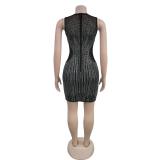 Black Sleeveless Rhinestones Mesh See Trough Bodycon Prom Mini Dress