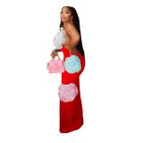 Red Straps Low Cut Applique Mesh Casual Women Party Midi Dress