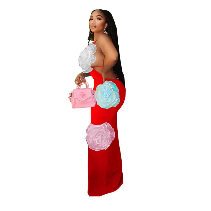 Red Straps Low Cut Applique Mesh Casual Women Party Midi Dress