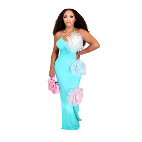 Sky Blue Straps Low Cut Applique Mesh Casual Women Party Midi Dress