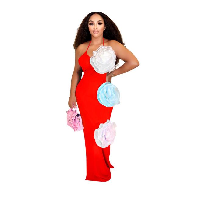 Red Straps Low Cut Applique Mesh Casual Women Party Midi Dress