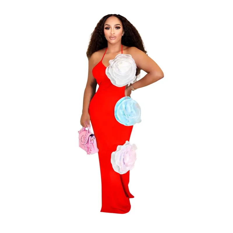 Red Straps Low Cut Applique Mesh Casual Women Party Midi Dress