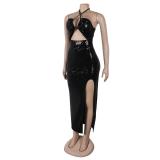 Black Strapless Hollow Out Slim Fit Snatched Sexy Sequins Club Dress