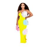 Yellow Straps Low Cut Applique Mesh Casual Women Party Midi Dress