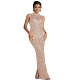 Beige Sleeveless Diamonds Bodycon Evening Luxury Prom Gowns Dress