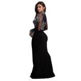 Black Mesh Rhinestones Sexy Bodycon Luxury Club Prom Maxi Dress Wedding
